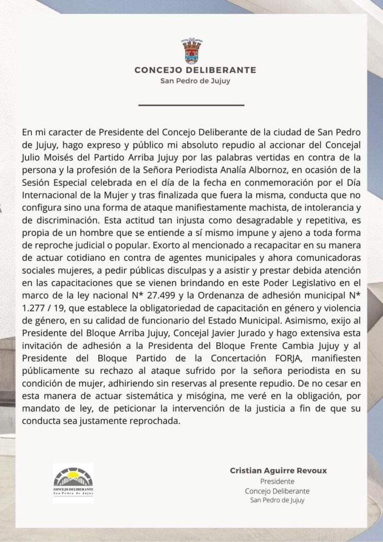 Presidente del Concejo Deliberante de San Pedro repudió el accionar del concejal Julio Moisés por palabras vertidas contra una periodista