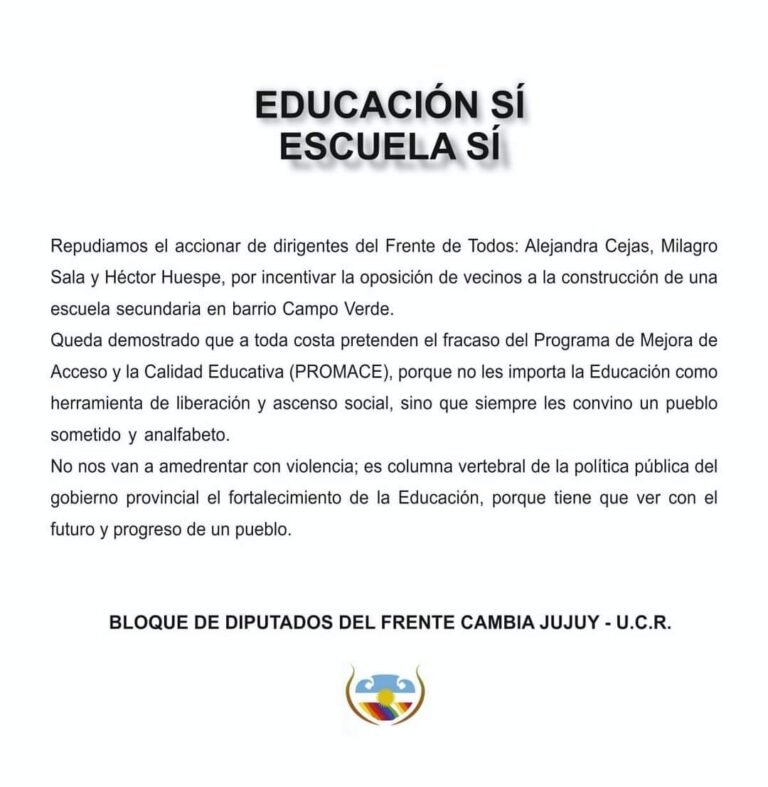 El bloque de diputados del Frente Cambia Jujuy acusa a la oposición de oponerse a la construcción de una escuela