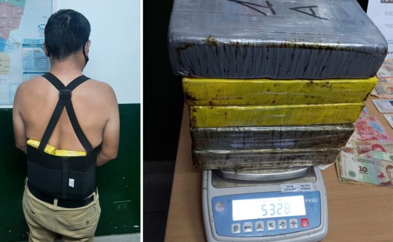 Detuvieron a tres pasajeros que transportaban 5 kilos de cocaína adosados al cuerpo