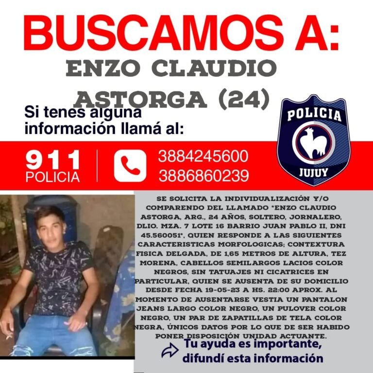  Intensa búsqueda de Enzo Claudio Astorga: está desaparecido desde el 19 de mayo